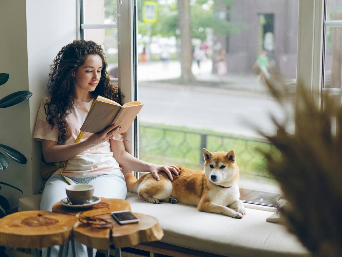 a woman at the window with her dog reading